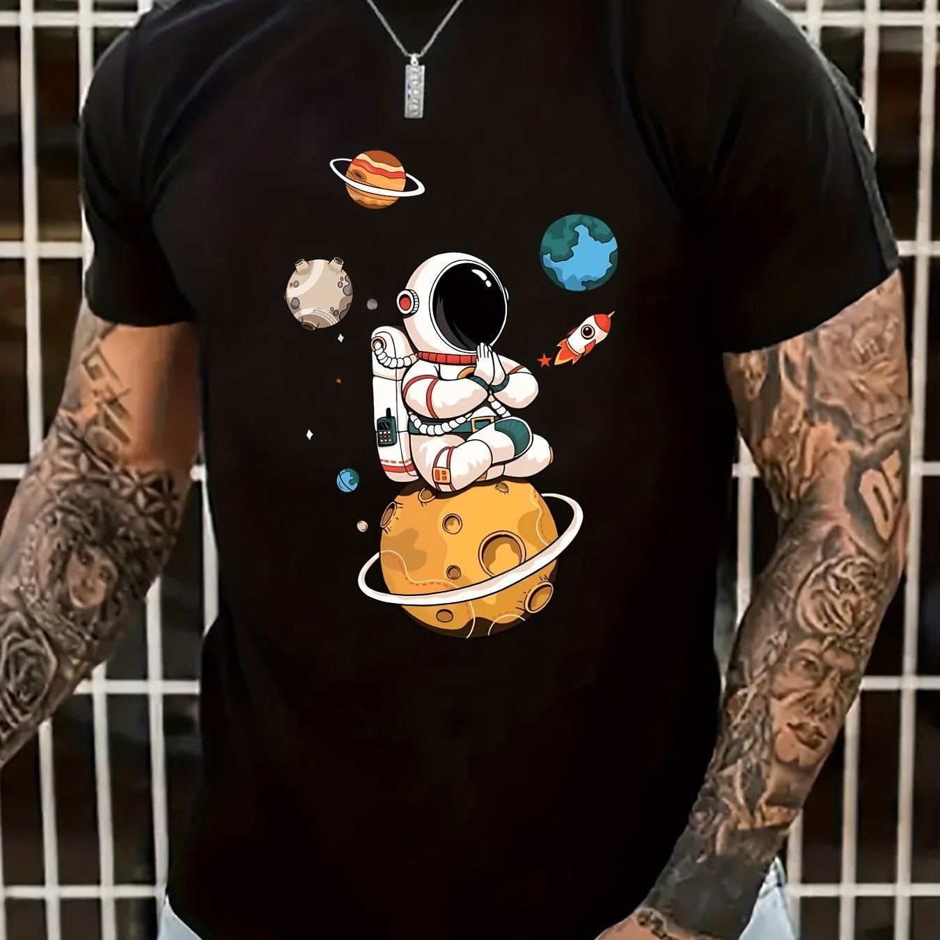Summer Men's Casual Street Style Elastic Round Neck T-shirt With Cartoon Astronaut And Planet Patterns CJ US
