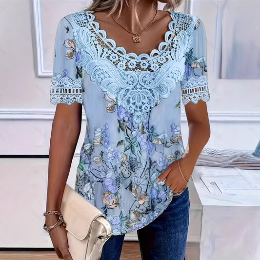 Women's Lace-Patchwork Crew-Neck Short-Sleeve T-Shirt 