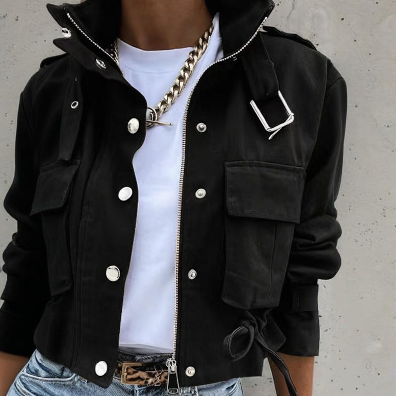 Women's Stand Collar Long Sleeve Jacket With Button & Zipper Closure - Two Large Pockets & Drawstring Hem Casual Short Jacket For Spring&Fall CJ US