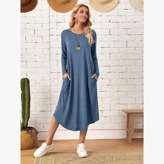 Womens Solid-Color Casual Long-Sleeve Dress 