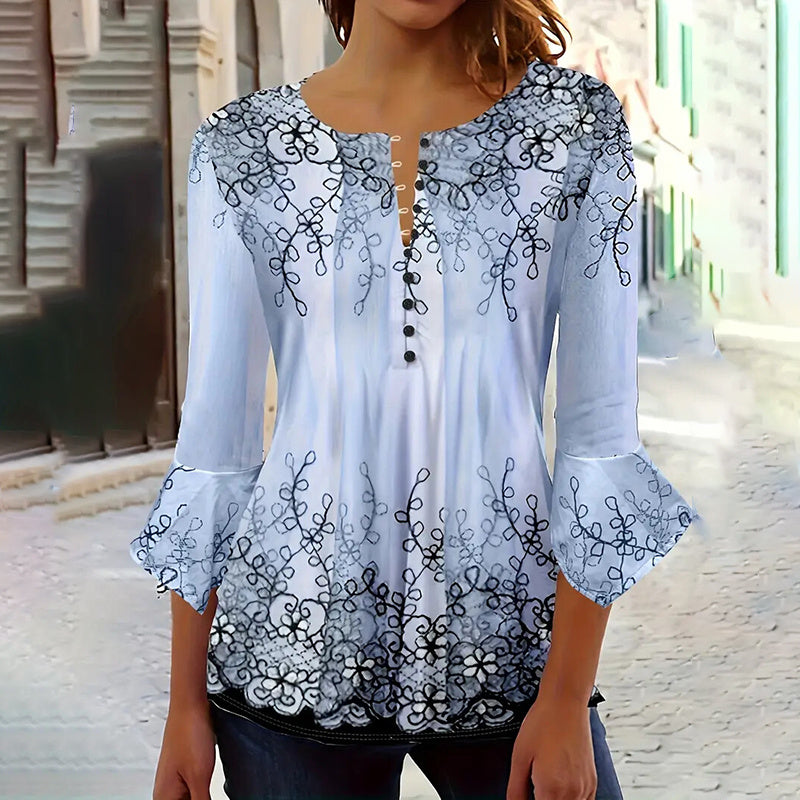 Women’s V-Neck 3/4 Sleeve Button-Front Tunic Blouse CJ