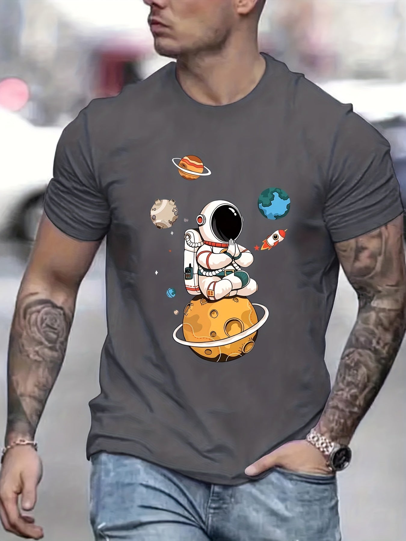 Summer Men's Casual Street Style Elastic Round Neck T-shirt With Cartoon Astronaut And Planet Patterns CJ US