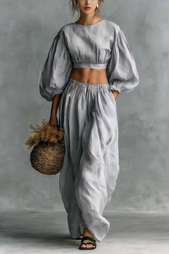 Crew-neck Puffed-sleeve Pocketed Pants Casual Womens Set 