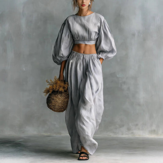 Crew-neck Puffed-sleeve Pocketed Pants Casual Womens Set 