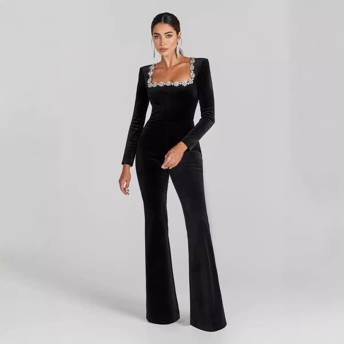 Diamond-encrusted Square Collar Long Sleeve Flared Jumpsuit CJ