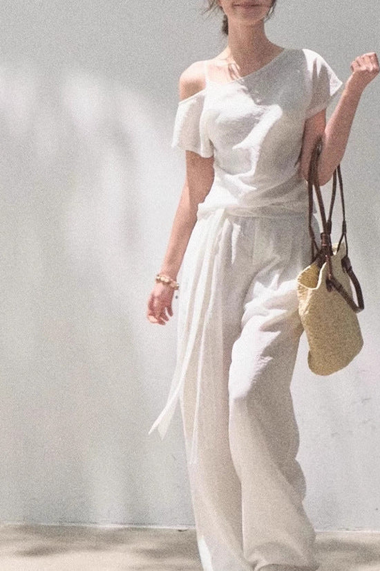 Linen Off-shoulder Short-sleeve Shirt Casual Set 