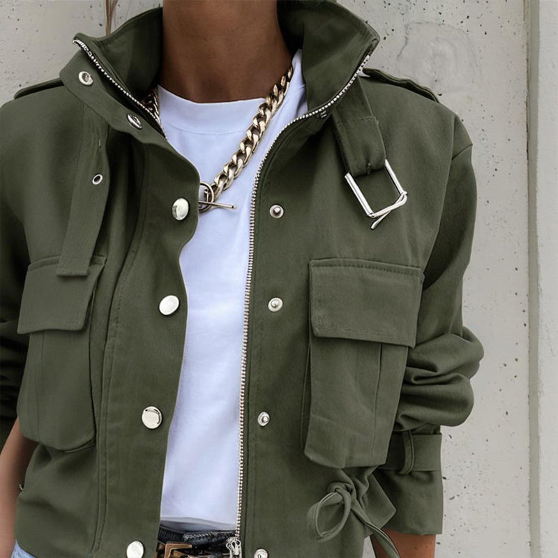 Women's Stand Collar Long Sleeve Jacket With Button & Zipper Closure - Two Large Pockets & Drawstring Hem Casual Short Jacket For Spring&Fall CJ US