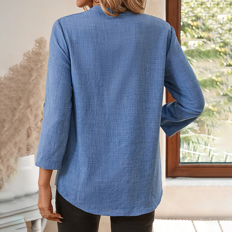 Womens Casual Summer Shirts Notch V Neck Blouses 3 4 Roll Sleeve Tunics Tops CJ US
