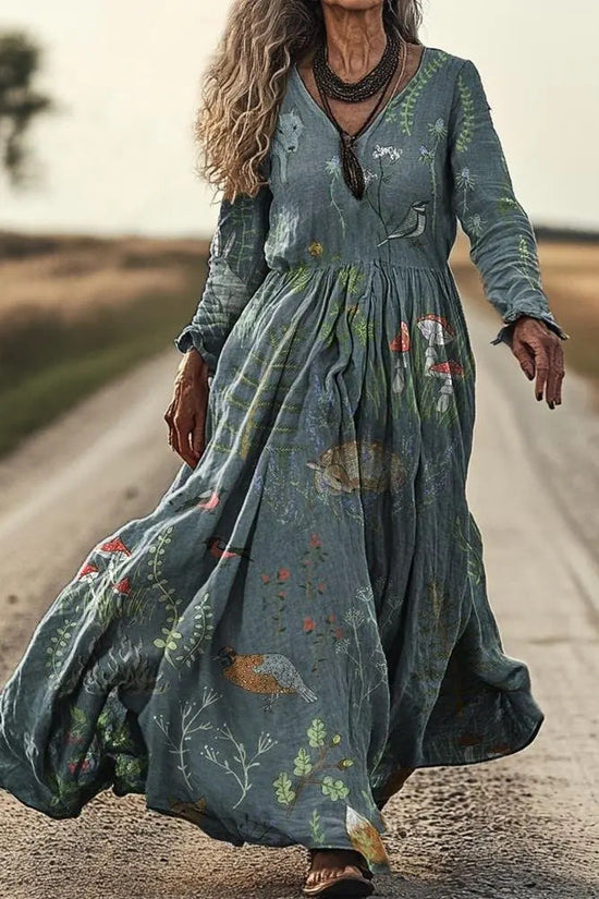 Personalized Retro Chic V-Neck Long-Sleeve Dress 