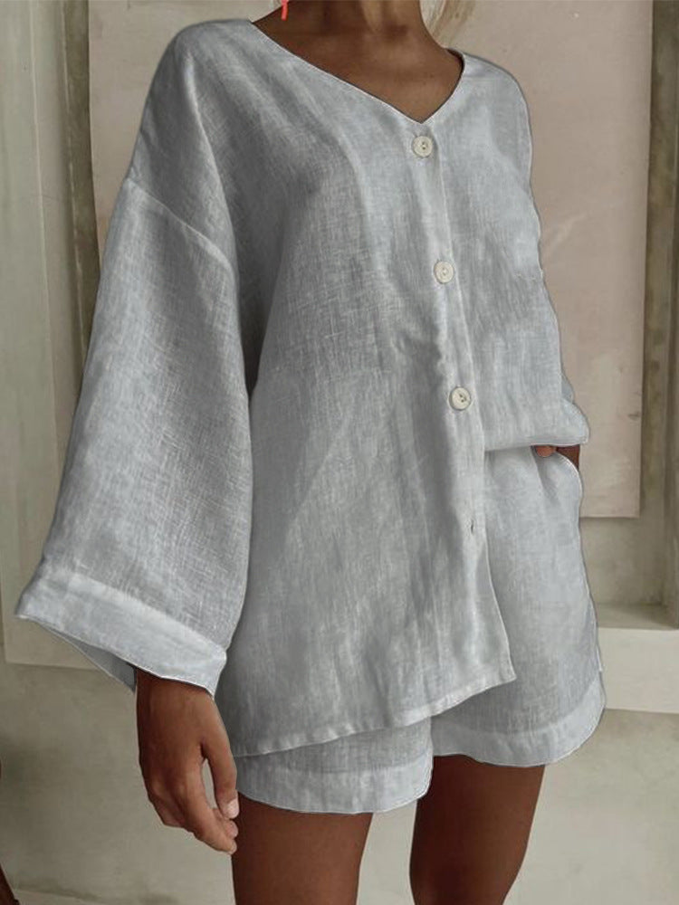 Fashionable Cotton-Linen Shirt And Shorts Casual Set 