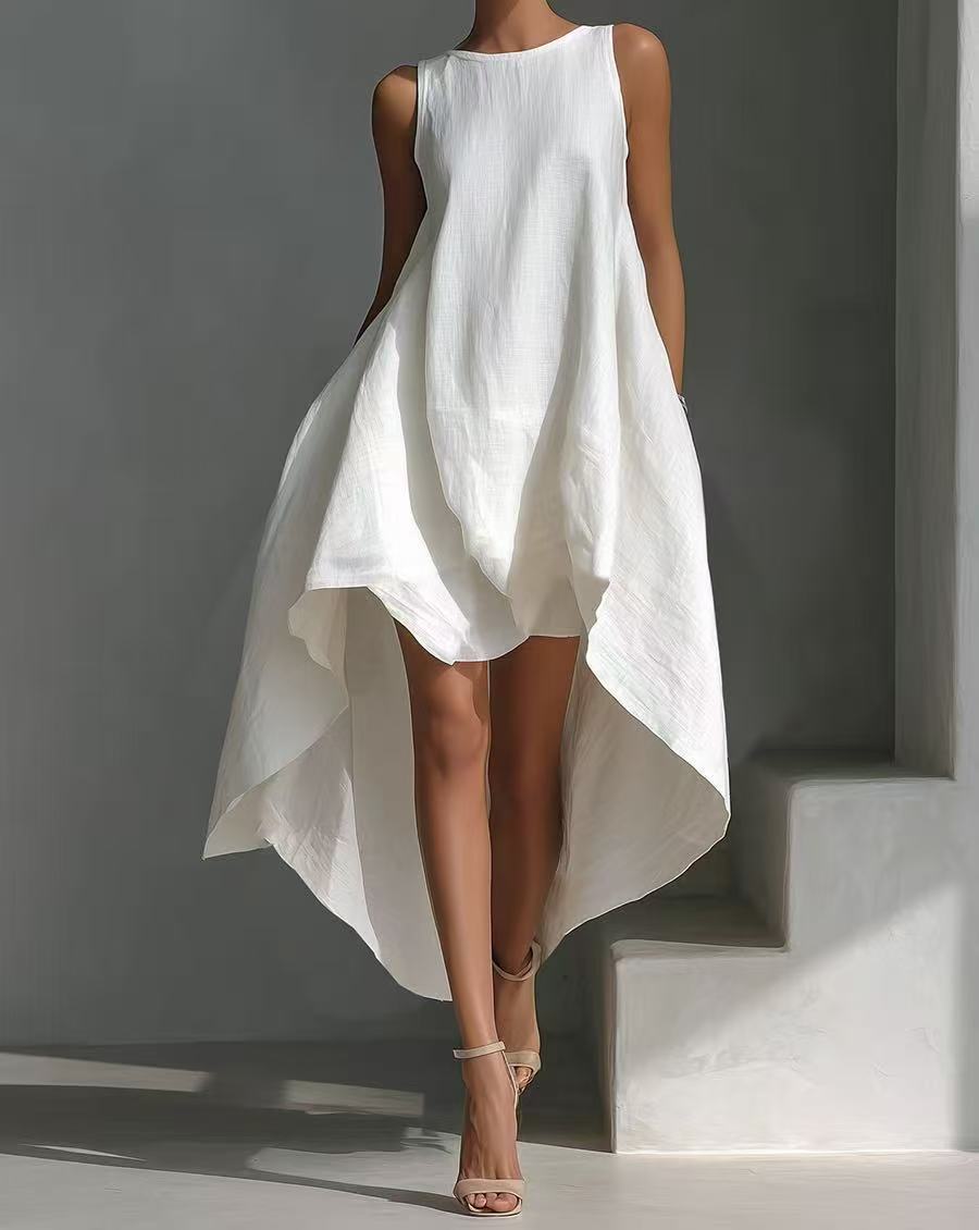 Sleeveless High-Low Irregular Hem Linen Blend Dress 