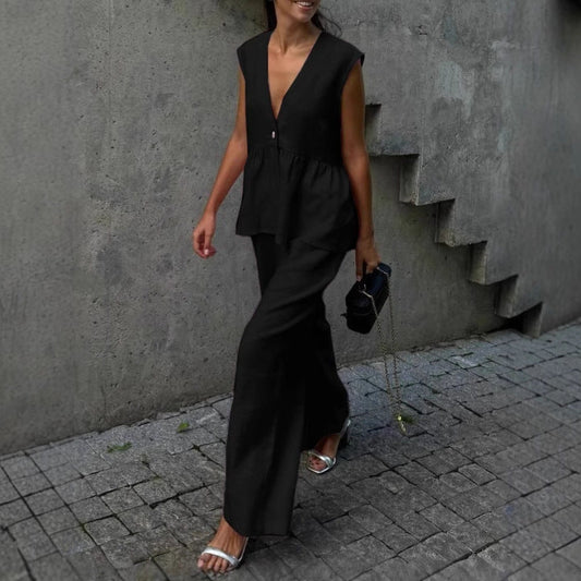 Womens Cotton V-Neck Sleeveless Vest And Wide-Leg Pants Set 