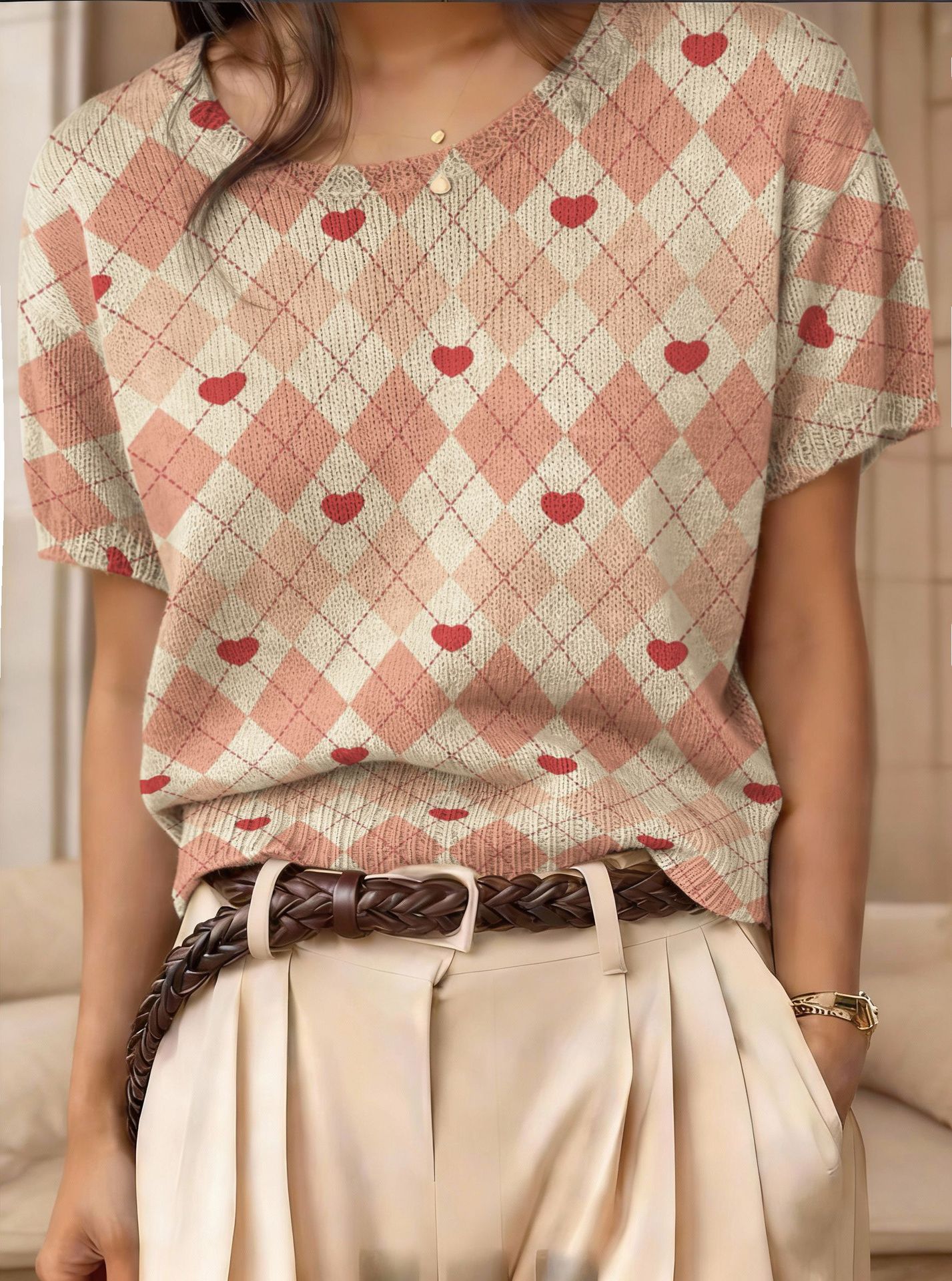 Retro Short-Sleeve Sweater Contrast-Color Jacquard Knit Top 
