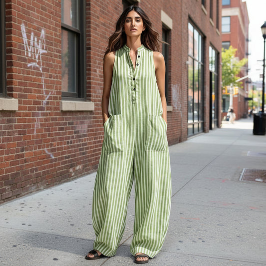 Fashionable Loose V-Neck Long Striped Jumpsuit 