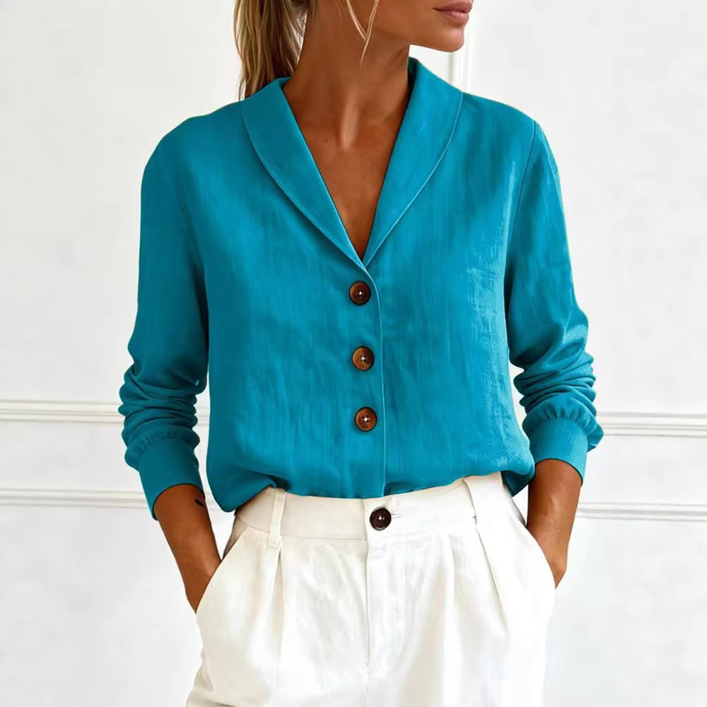 Fashionable Cotton-Linen Long-Sleeve Peter Pan Collar Button-Up Shirt 
