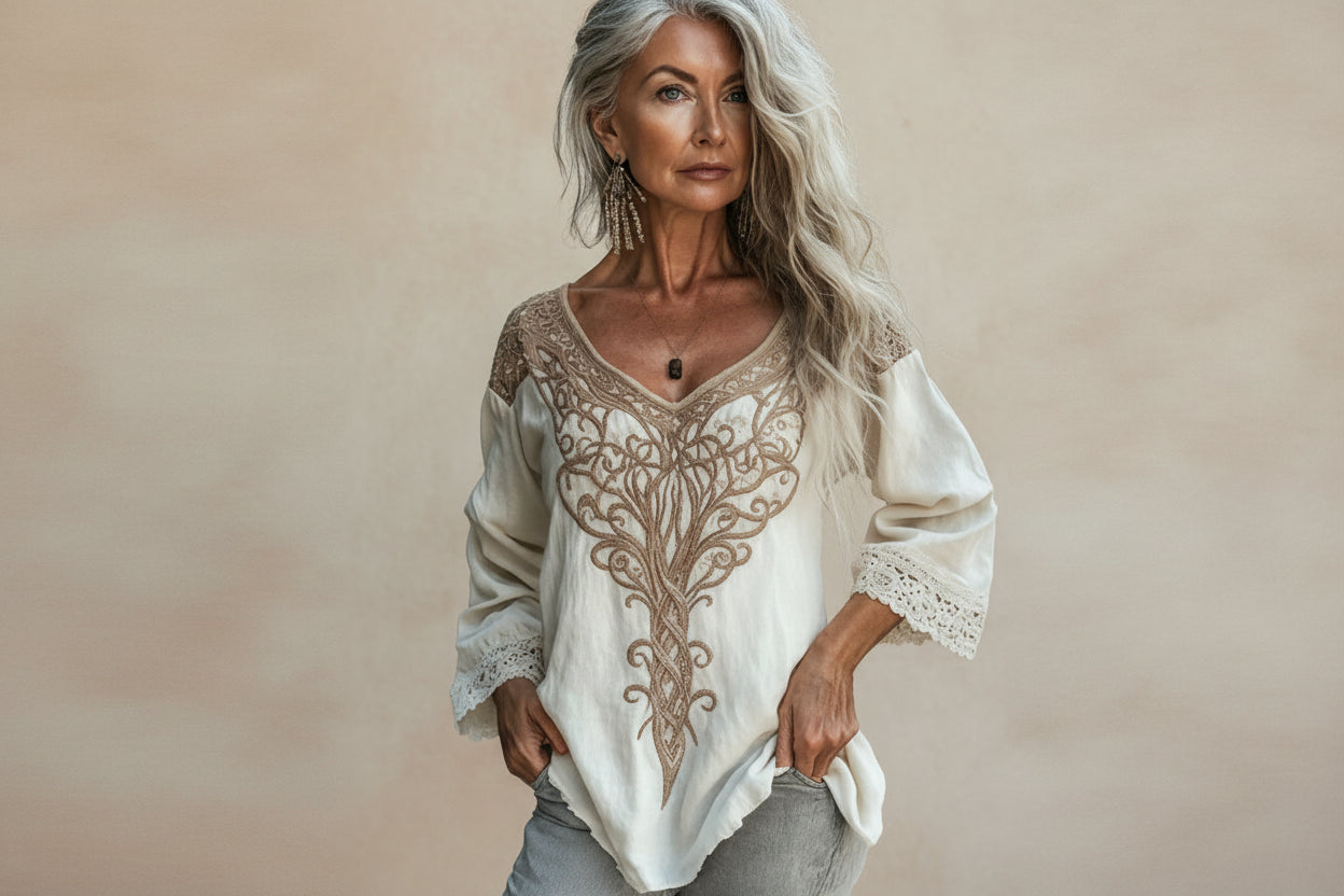 Ethnic-style Embroidered Fringe V-neck Cotton-linen Resort Top 