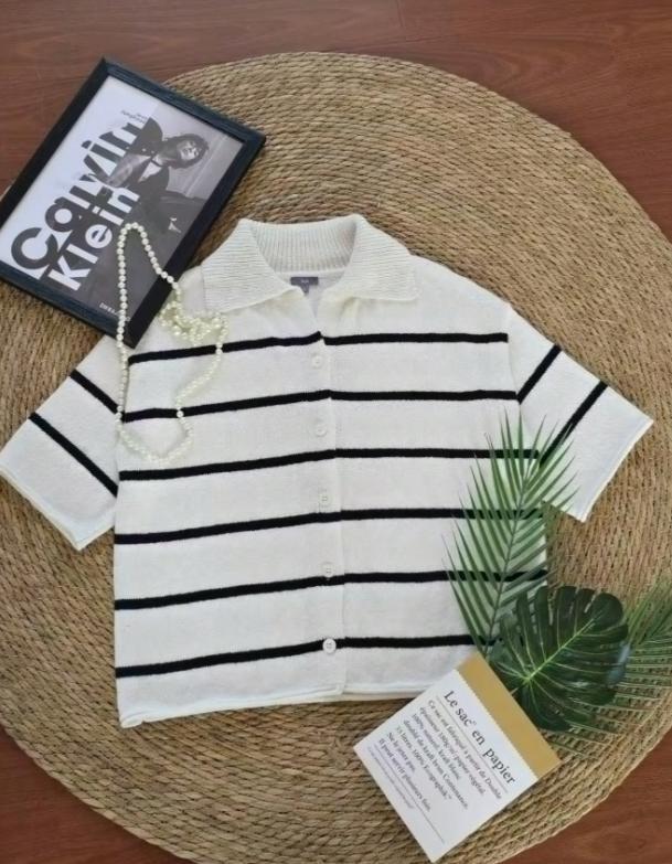 Women's 2025 Spring Summer Casual Fold-Down Short Sleeve Fashion Button Knitted Cardigan Sweater Navy Striped Sleeve Knitted Cardigan CJ US