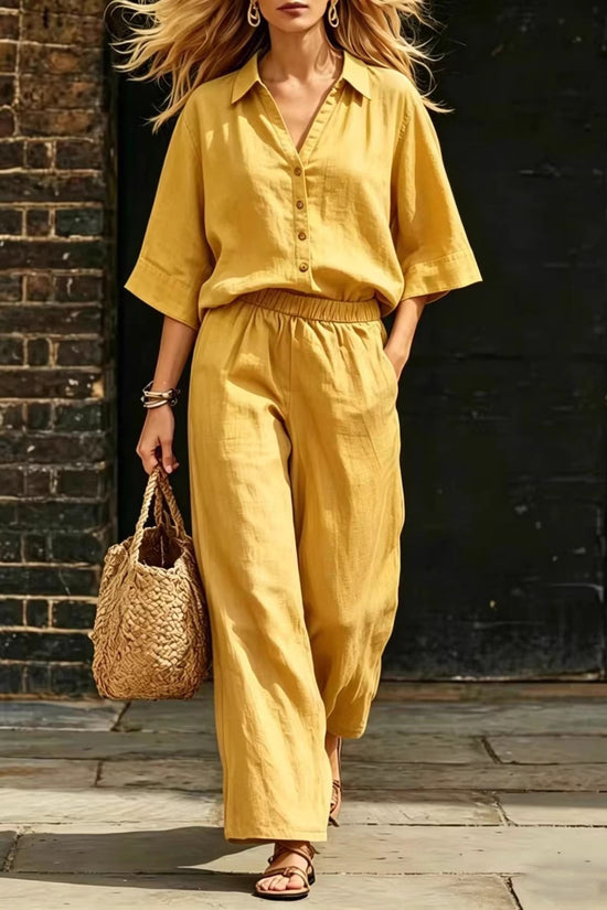 Womens Short-Sleeve Shirt And Loose Pants Two-Piece Set 