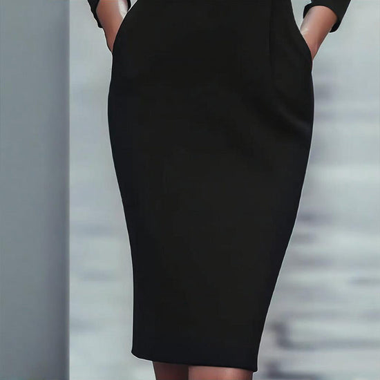 Women's Black Long Sleeve V-Collar Bodycon Dress With Belt Detail & Pockets - Formal Midi Dress For Fall Spring CJ