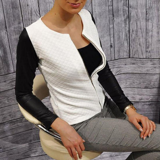 Women’s Plaid Patchwork Blazer – PU Leather Slim Fit Jacket CJ