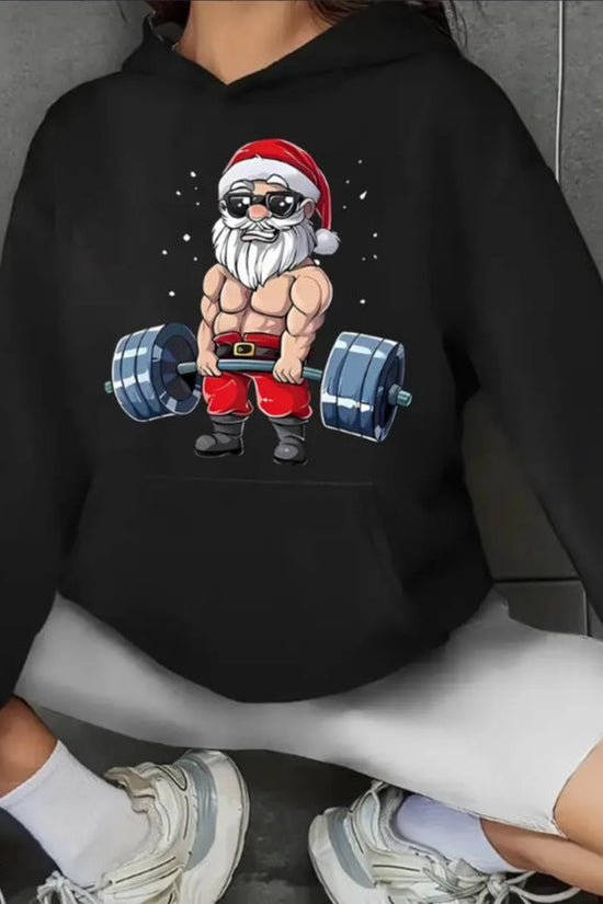 Christmas Santa Claus Weightlifting Graphic Hoodie, Casual Long Sleeve Hooded Sweatshirt With Kangaroo Pocket, For Women, All-Season Active Pullover CJ US