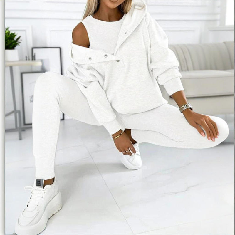Women's Solid Color 3-Piece Set Sleeveless Vest & Hooded Button Placket Long Sleeve Sweatshirt & Slim Fit Pants Sporty Casual Outfit CJ US