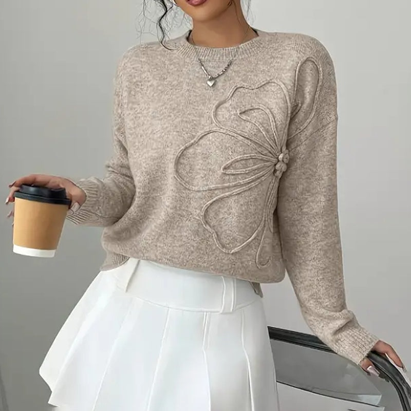 Women's Elegant Floral Sweater - 2025 Fall Winter Crew Neck Long Sleeve Casual Pullover 