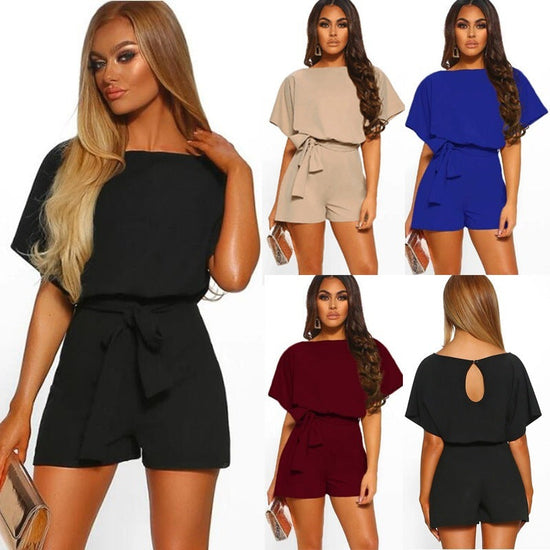 Fashion Solid Color Short-sleeved Jumpsuit with Belt 