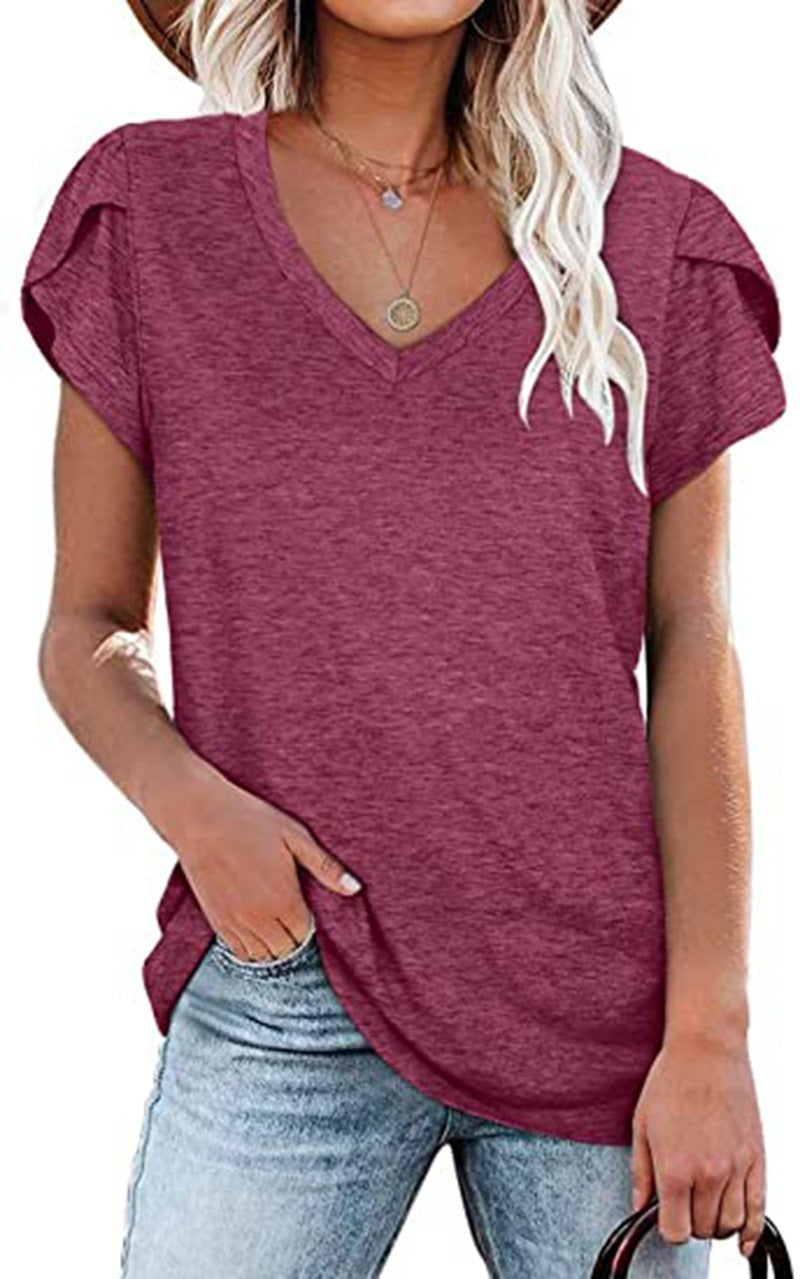 🌸 Women's V-Neck Petal Sleeve Summer T-Shirt – Elegant & Breezy null
