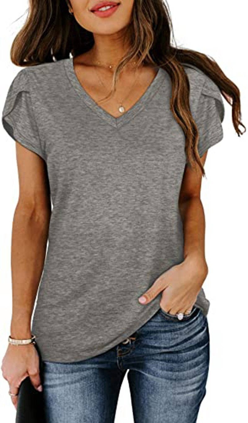 🌸 Women's V-Neck Petal Sleeve Summer T-Shirt – Elegant & Breezy null