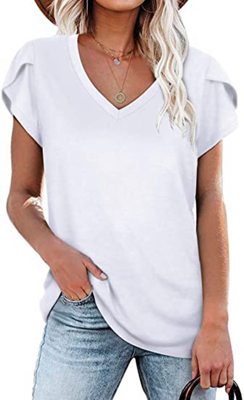 🌸 Women's V-Neck Petal Sleeve Summer T-Shirt – Elegant & Breezy null