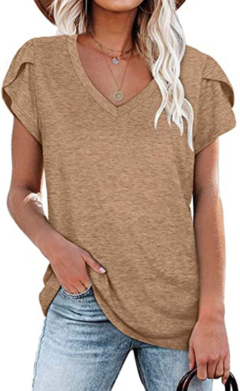 🌸 Women's V-Neck Petal Sleeve Summer T-Shirt – Elegant & Breezy null