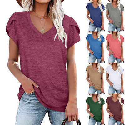 🌸 Women's V-Neck Petal Sleeve Summer T-Shirt – Elegant & Breezy null