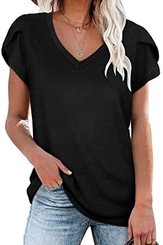 🌸 Women's V-Neck Petal Sleeve Summer T-Shirt – Elegant & Breezy null