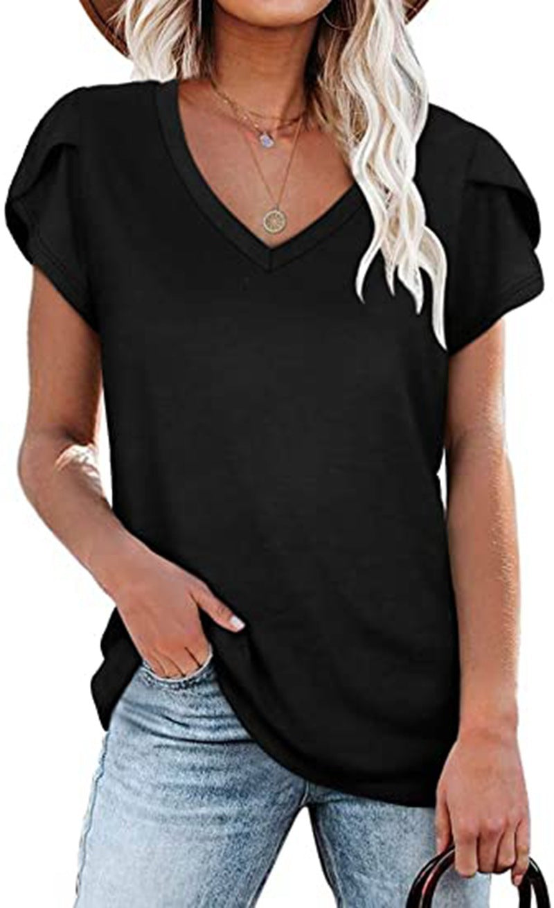 🌸 Women's V-Neck Petal Sleeve Summer T-Shirt – Elegant & Breezy null
