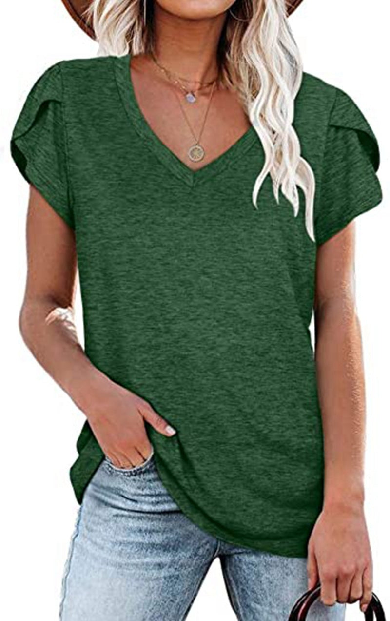 Summer New Style v-neck Petal-sleeved Short-sleeved T-shirt Women null