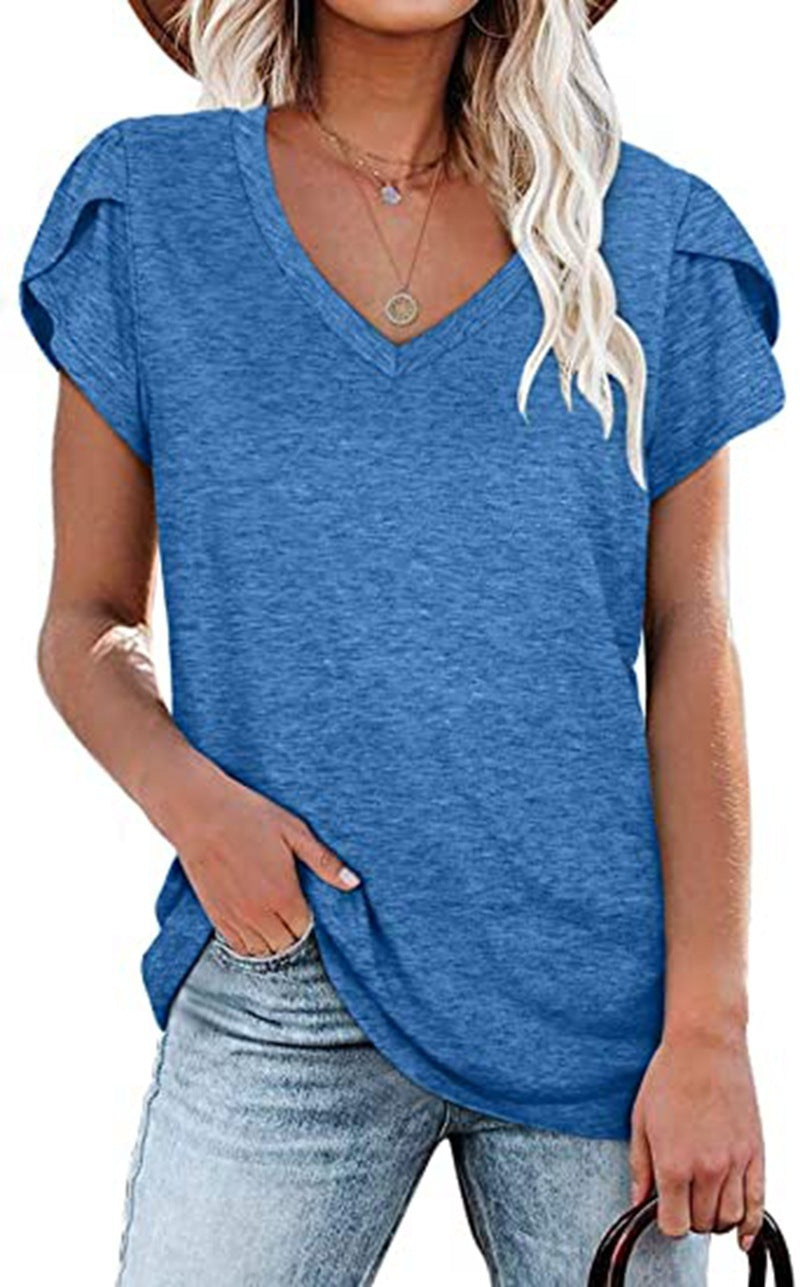 🌸 Women's V-Neck Petal Sleeve Summer T-Shirt – Elegant & Breezy null