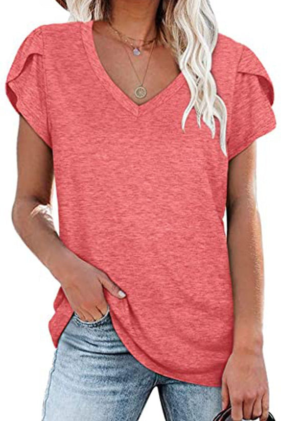 🌸 Women's V-Neck Petal Sleeve Summer T-Shirt – Elegant & Breezy null