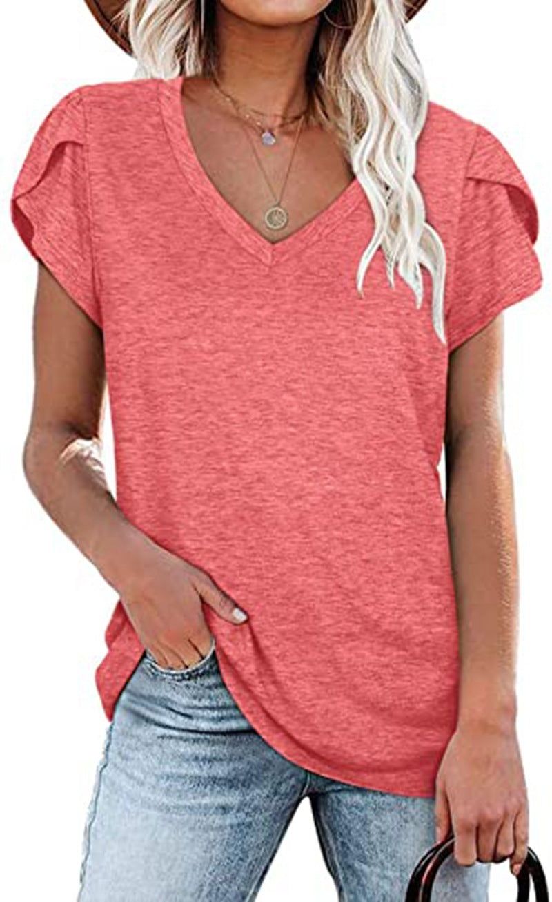 🌸 Women's V-Neck Petal Sleeve Summer T-Shirt – Elegant & Breezy null