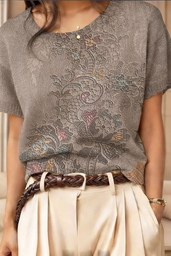 Retro Short-Sleeve Sweater Contrast-Color Jacquard Knit Top 