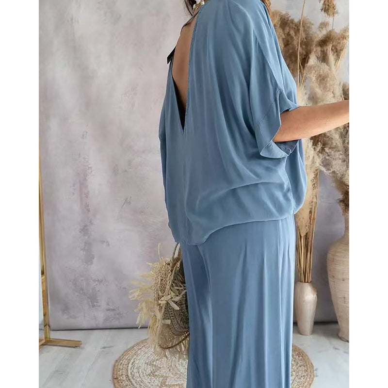 Women's 2 Piece Outfit, Casual Solid Color V-Neck Half Sleeve Top And Wide Leg Pants Lounge Set CJ