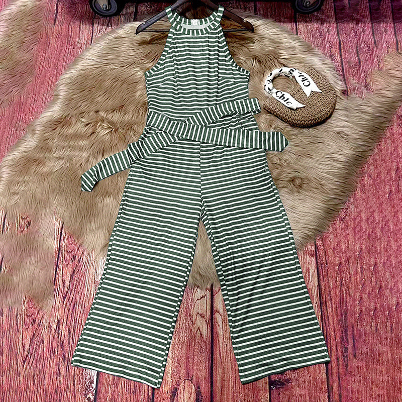 Womens Casual Striped Jumpsuits Summer Cap Sleeve Wide Leg Jumper Romper Button Down Travel Beach Outfits CJ US