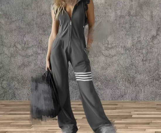 New Style Sporty Retro Lace Striped Sleeveless Hooded Jumpsuit 