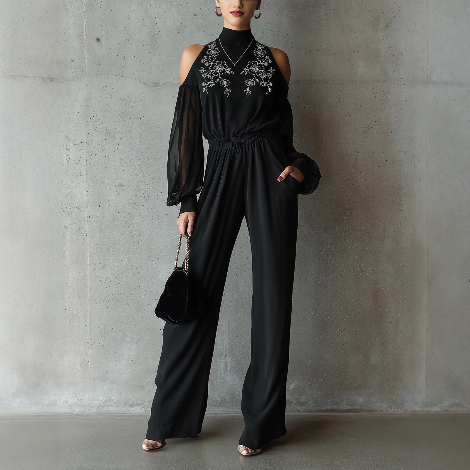 Black Embroidered Womens Long-Sleeve Wide-Leg Jumpsuit 