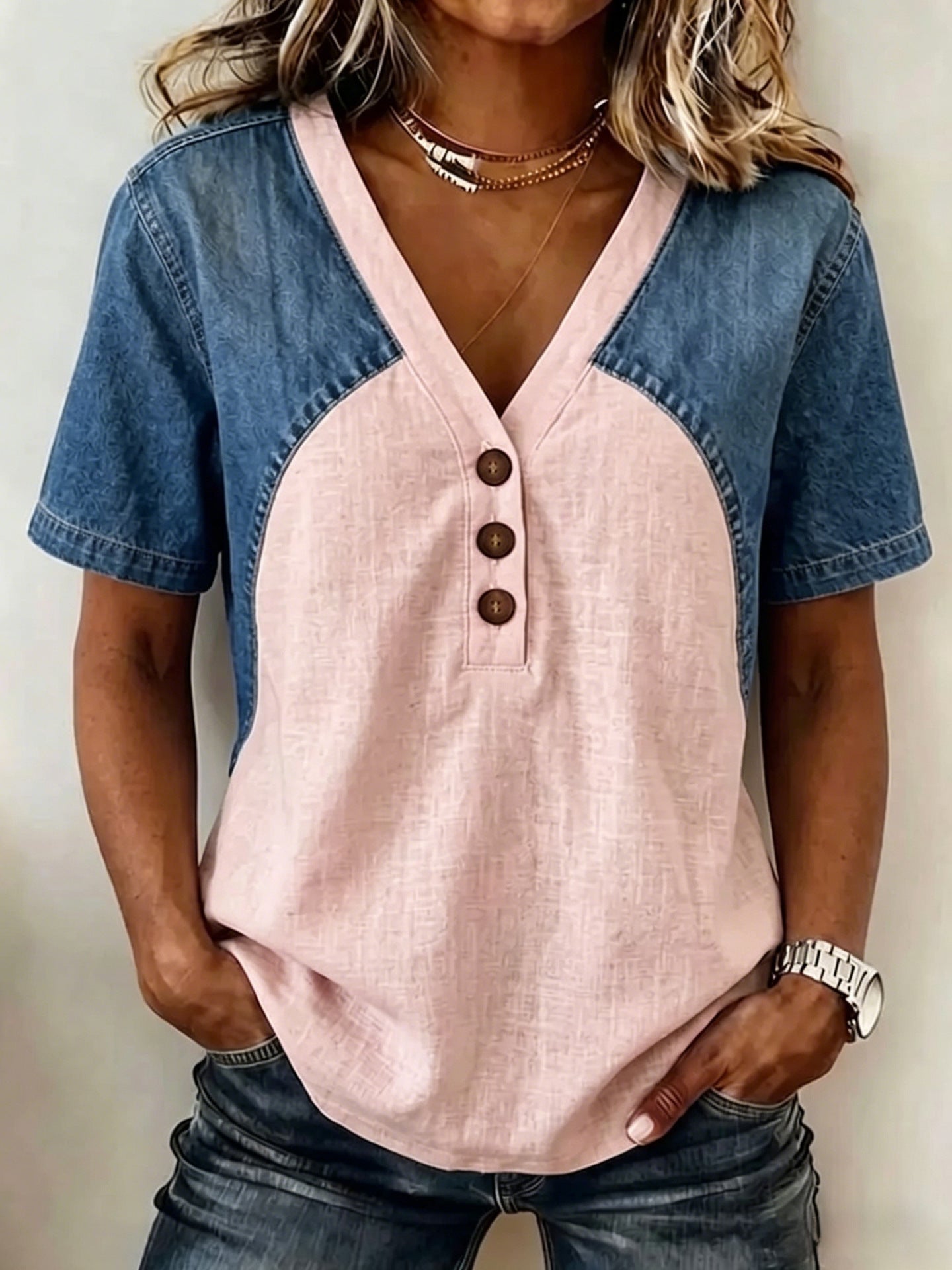 Fashionable Trendy Womens Loose Denim Patchwork T-Shirt 
