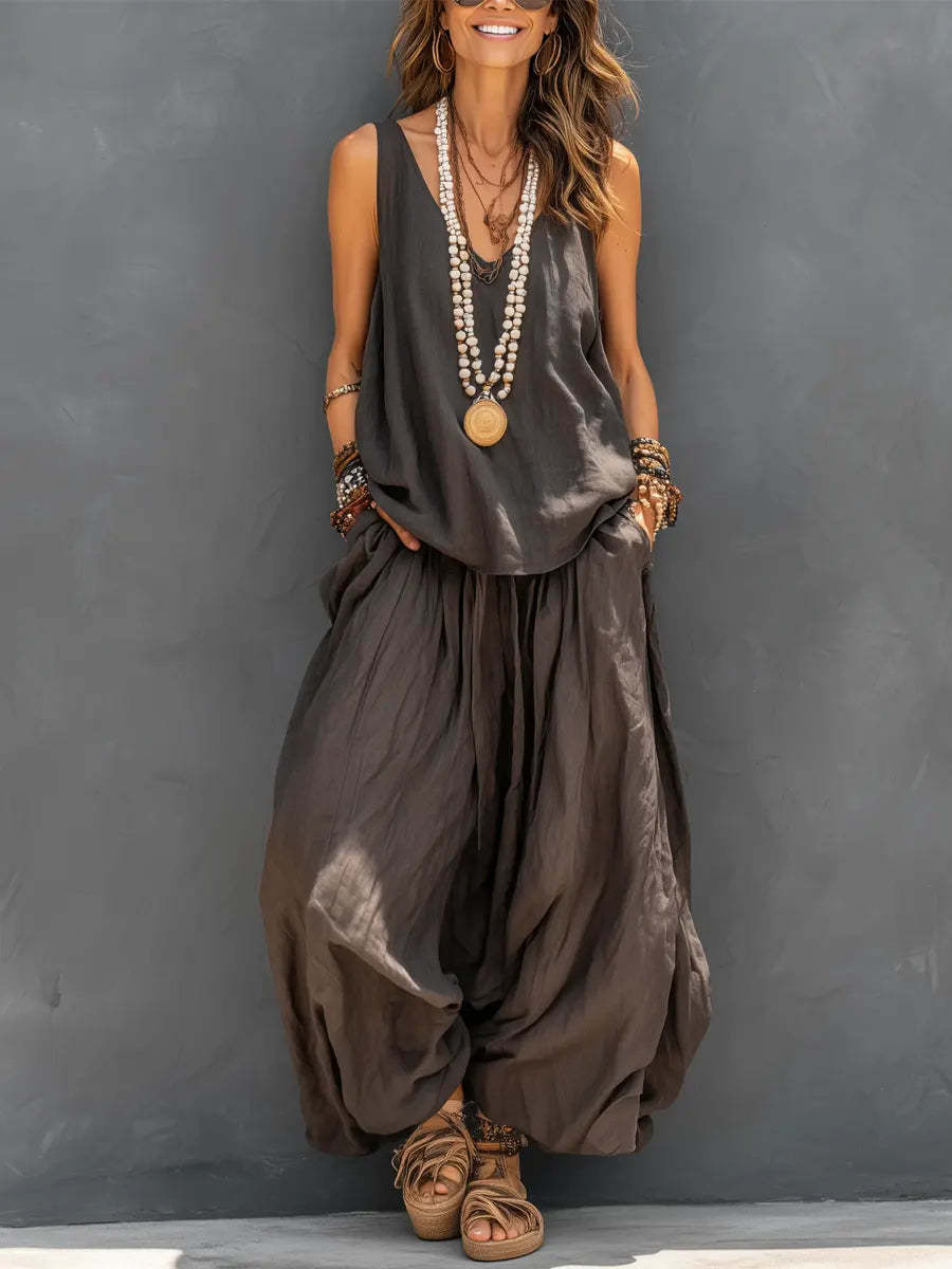 Womens Solid-Colored Casual Sleeveless Tank Top And Wide-Leg Pants Cotton-Linen Set 