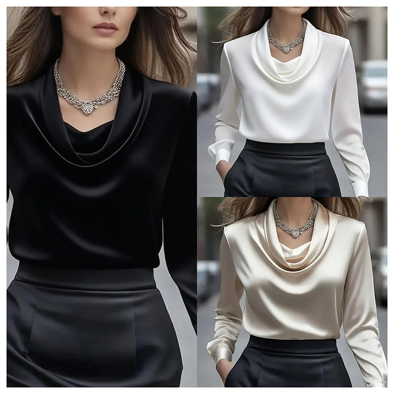 Elegant Satin Blouse - Women's Versatile Long Sleeve Shirt For All Seasons, Chic Solid Color Top CJ US