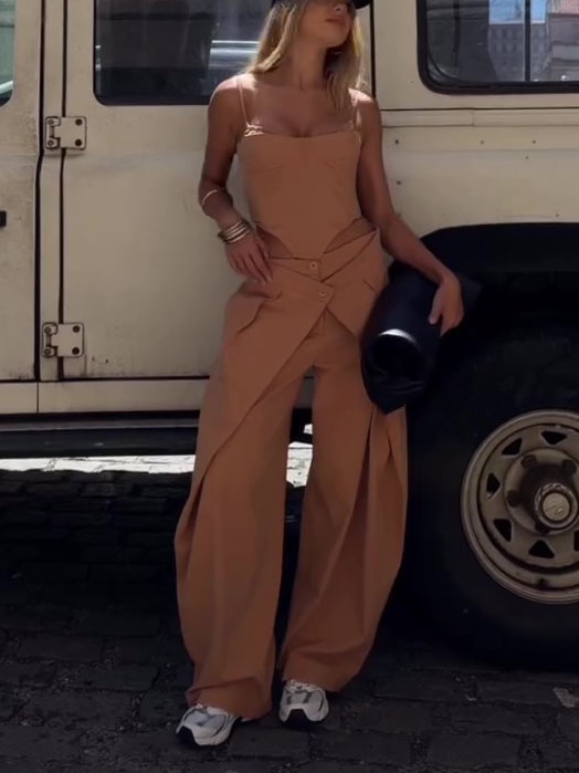 Women's Camel 2-Piece Set - Spaghetti Strap Corset Top & Wrap Waist Wide Leg Pants 