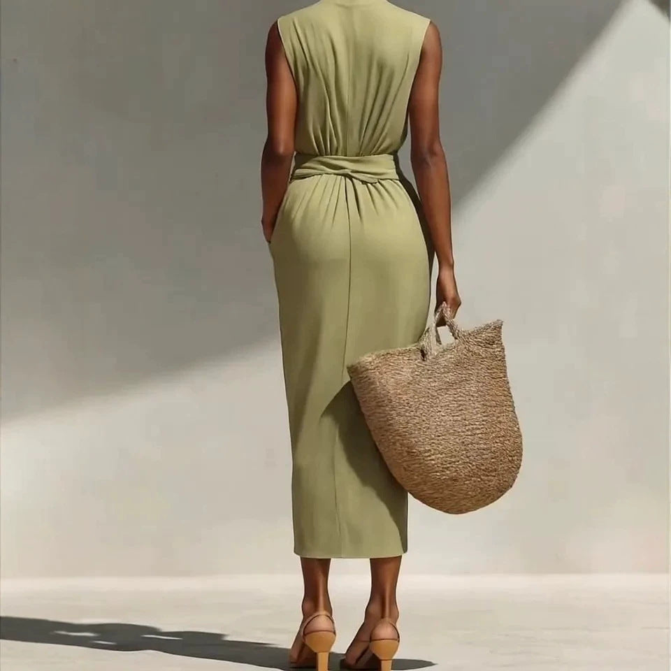 Solid-color Sleeveless Cotton-linen Feel Midi Dress 