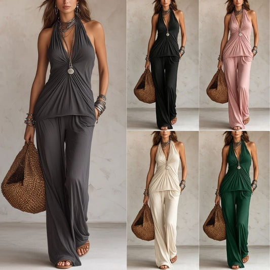 Womens Sleeveless Halter Top And High-Waist Casual Pants Set 